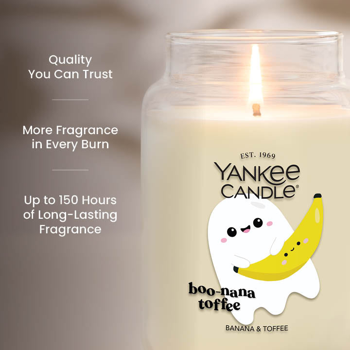 Large jar candle with cute ghost and banana design, long-lasting burn, premium home fragrance, quality guaranteed